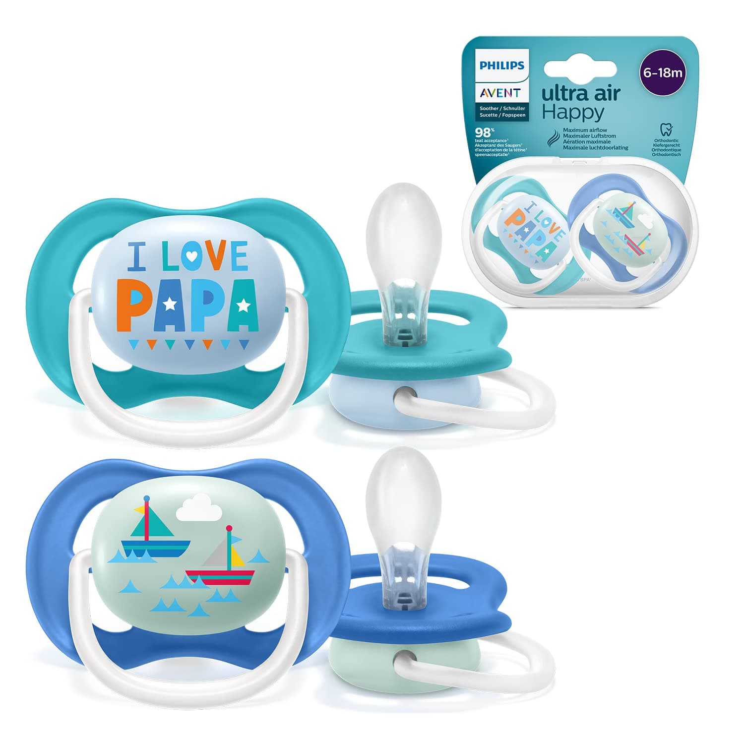 AVENT Philips Ultra Air Dummy, for 6-18 months, Orthodontic & BPA-Free, Including Sterilizer/Carrying Case, 2 pcs (Model ‎SCF080/03)