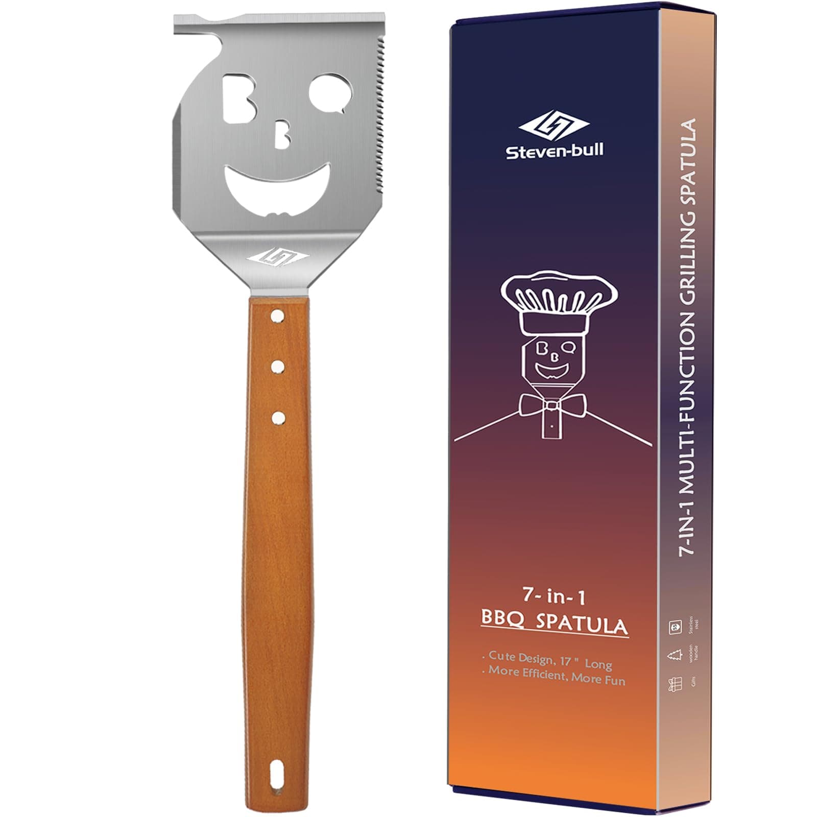 Grill Spatula for Outdoor Grill, 7-in-1 BBQ Spatula for Grill, 17 Inch Long Barbecue Tool, Perfect BBQ Gifts for Men (Color Box Packaging)