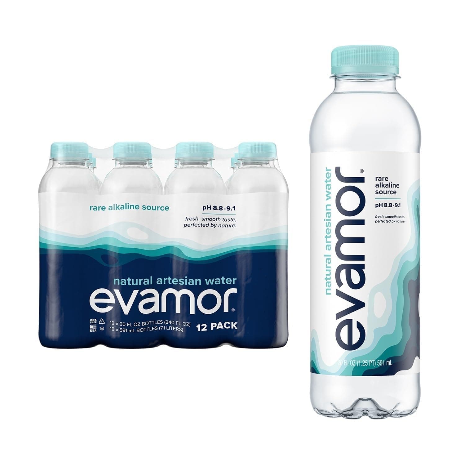 EVAMOR Artesian Bottled Water - Single Source, Naturally Alkaline and Full of Electrolytes for Hydration and Health, 20 Fl. Oz. Bottles (Pack of 12)