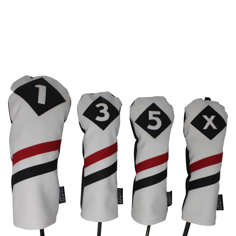 MajekRetro Golf Headcovers White Red and Black Vintage Leather Style 1 3 5 X Driver Fairway and Hybrid Head Covers Fits 460cc Drivers Classic Look