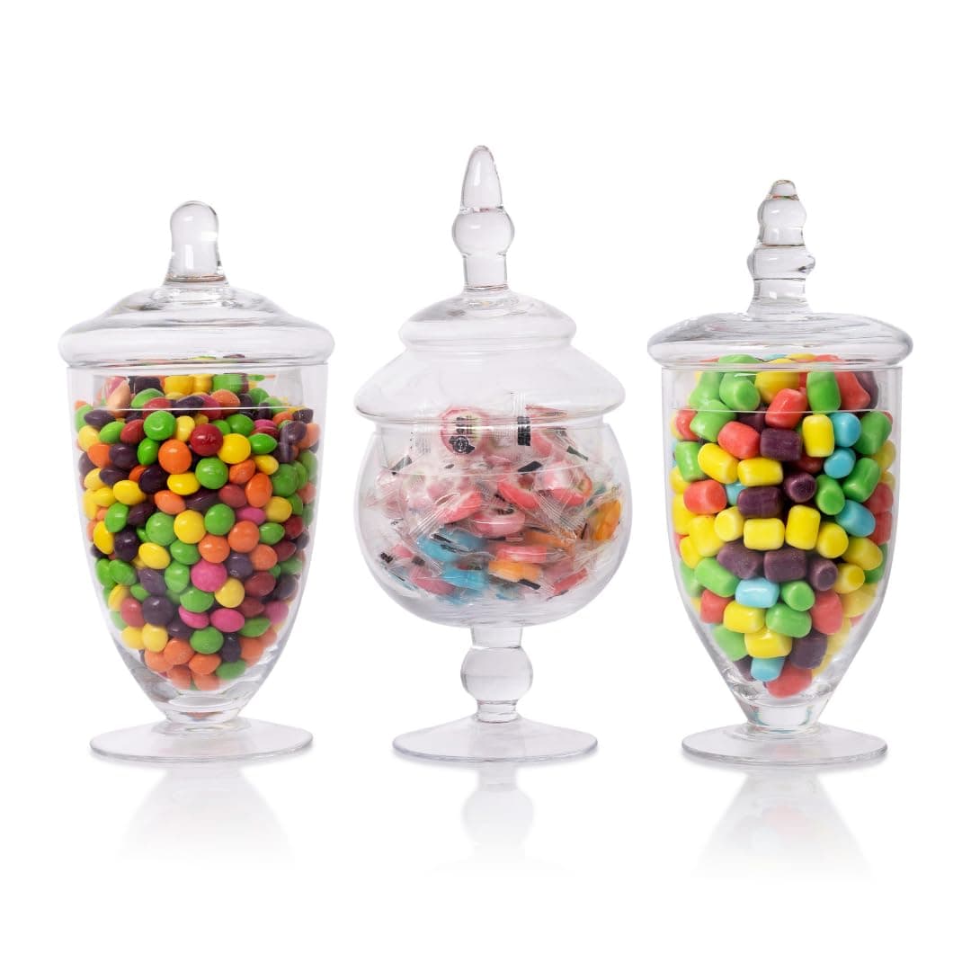 Mantello Candy Jar Apothecary Jars with Lids- for Candies Cookies Or Toiletries Size Assortment, 20 oz., 24 oz. and 28 oz.