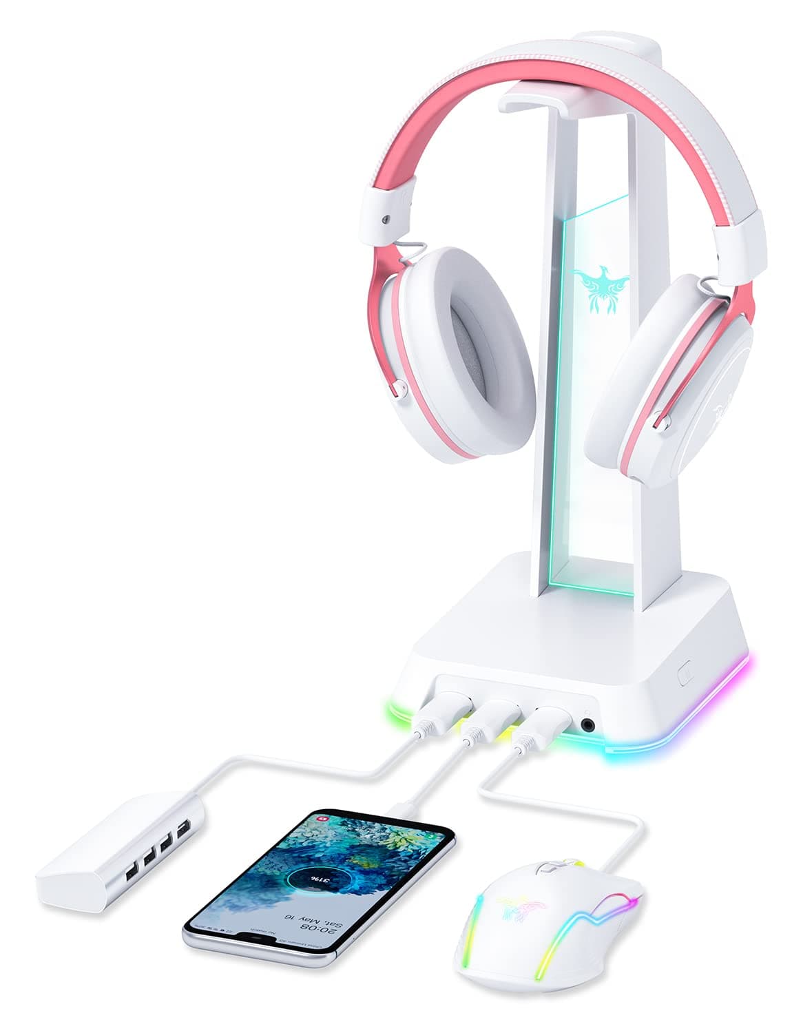 PHNIXGAM RGB Headphone Stand with 3.5mm AUX and 3 Port USB 2.0 Hub, Universal...