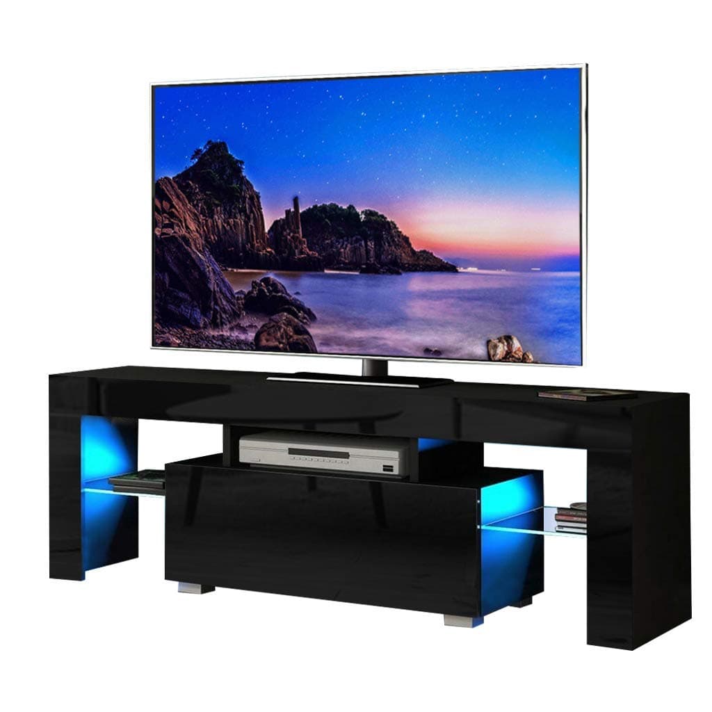 Black TV Stand with Light, Entertainment Center with Storage Drawer for 55 Inch TV, High Gloss TV Stand Television Cabinet with Glass Shelf, Media Console Table for Living Room Bedroom