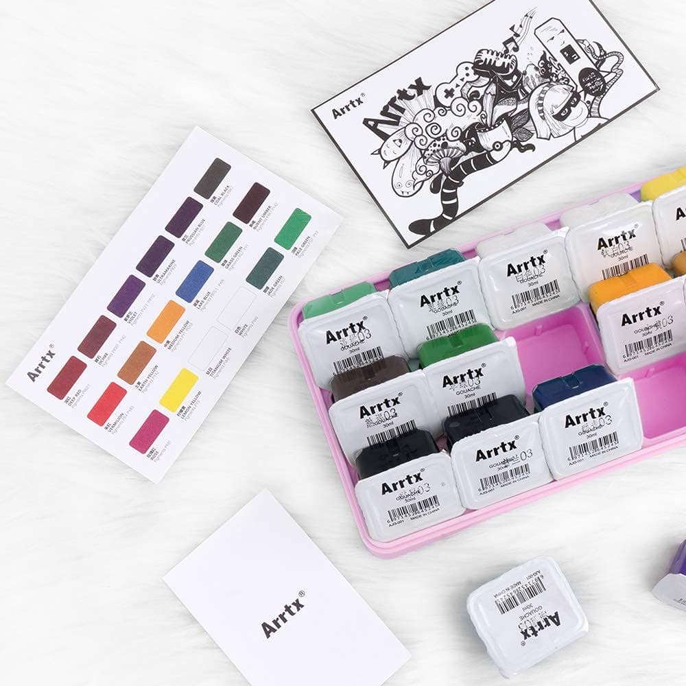 Arrtx Gouache Paint Set, 18 Colors x 30ml Unique Jelly Cup Design, Portable Case with Palette for Artists, Students, Gouache Watercolor Painting (Pink)