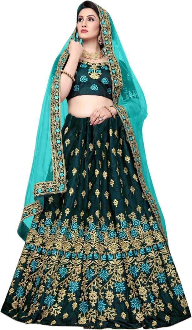 parth fashion Women's Satin Semi-Stitched Lehenga Choli and Dupatta (Rama butti_Dark Green_Free Size)