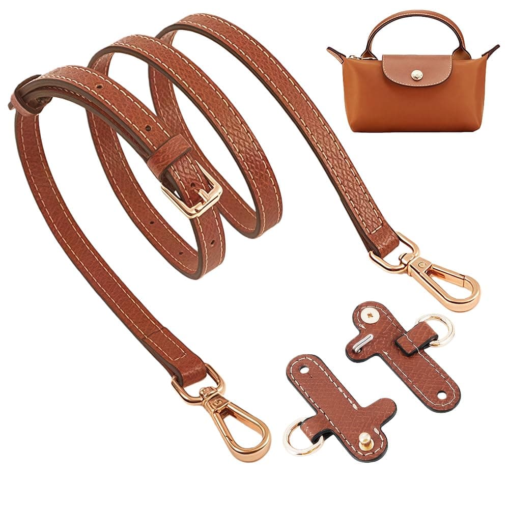 Chispee Leather Bag Shoulder Strap, Purse Straps Replacement Crossbody Adjustable Conversion Kit for Longchamp Mini Bag, Brown Gold, 6.5cm*1.5cm