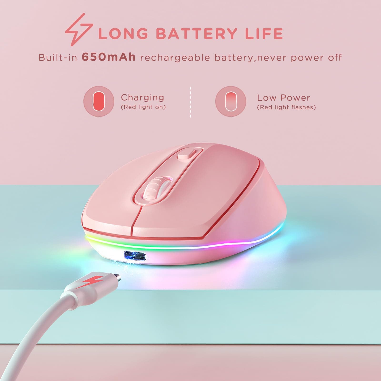 seenda Wireless Mouse, Rechargeable Light Up Mouse for Laptop, Small Cordless Mice with Quiet Click LED Rainbow Lights for PC Computer Kids Chromebook Windows Mac,Hot Pink