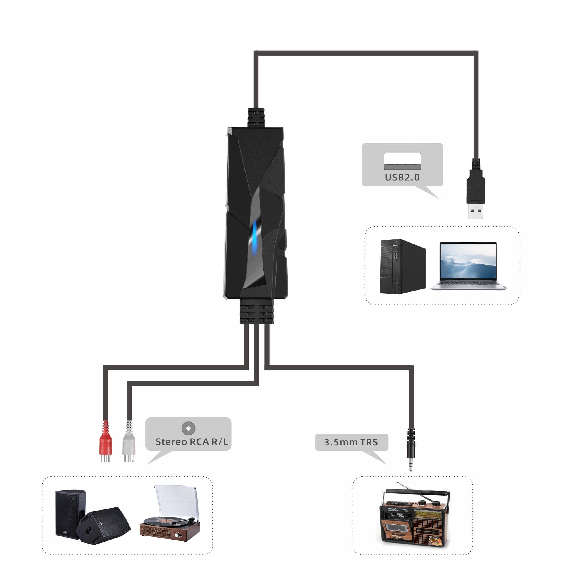 DigitalLife AuralynX Series: USB Audio Capture Device – Convert Cassette to MP3 with RCA or 3.5mm Input, PC, Mac & Linux Compatible, for Content Creators & Educators [1-Piece/Package]