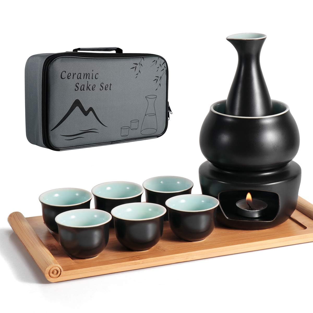 Ceramic Sake Set with Warmer Pot Tray, Stovetop Porcelain Pottery Hot Saki Drink Bottle, 10pcs Set 1 Stove 1 Warming Bowl 1 Sake Bottle 1 Tray 6 Cup Keep Sake Storage Box (Black)