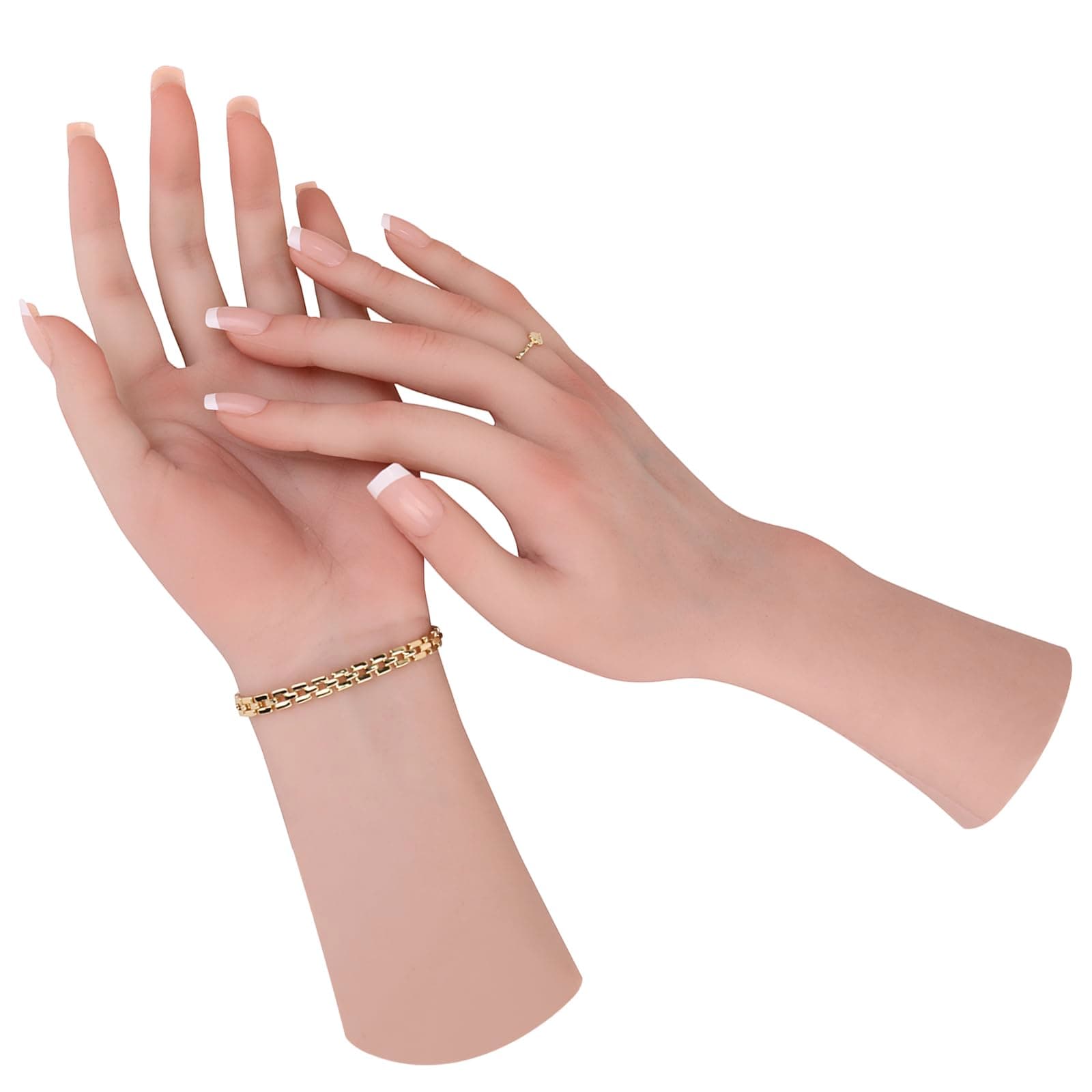 MOTLEYBEAN Realistic Silicone Female Hand Life Size Female Model Hand for Showing Jewelry Pranksters Halloween Props Photography Props (Nude,Left Hand-with Skeleton)