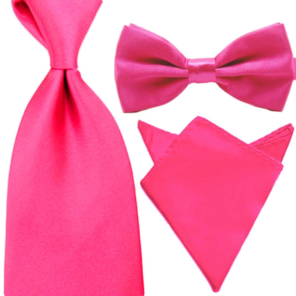 Mens Solid Satin Wide 8CM Necktie Bowtie Pocket Square Set (Hot Pink)