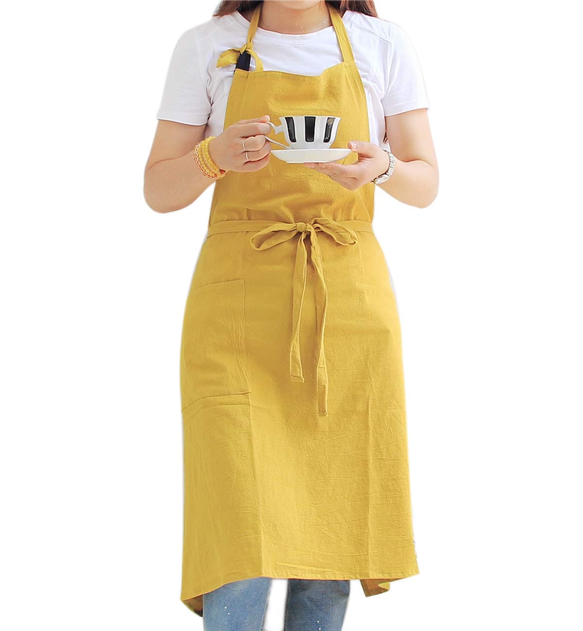 Kitchen Cooking Apron for Women & Men - Extra Long Waist Ties, Adjustable Neck Strap, Japanese Style, Cool Cotton Fabric for Ladies Baking (Plain Yellow)