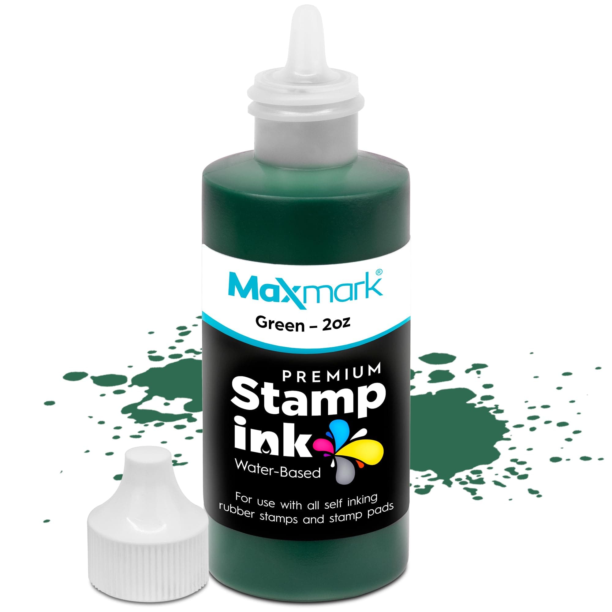 MaxMark Premium Refill Ink with Control Tip Bottle for Self-Inking Stamps, Green Color - 2 oz.