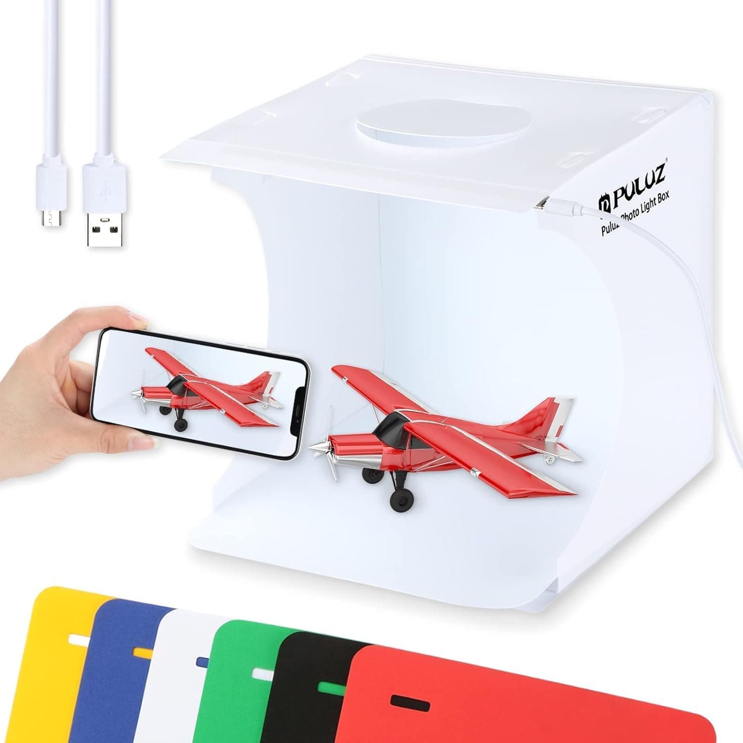 Mini Photo Studio Box, PULUZ 20cm Portable Photography Shooting Light Tent Kit, White Folding Lighting Softbox with 20 LED Lights + 6 Backdrops for Product Display