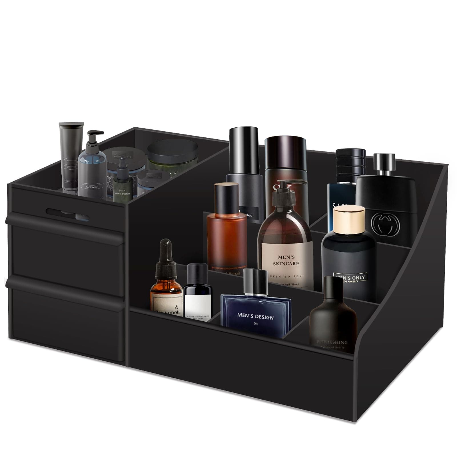 Simbuy Black Cologne Organizer for Men - Large Countertop Organizer with Drawers for Cologne, Perfume, Shaving & Skincare - Bathroom & Vanity Storage, Ideal Gift for Boyfriend, Husband, Dad & Friends