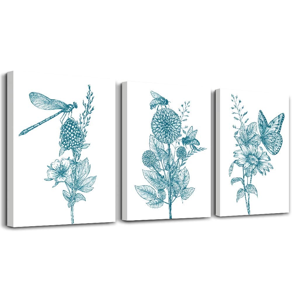 Blue abstract plants flowers Canvas Prints Wall Art Paintings for Living Room Bedroom Decoration, 3 Panels Home bathroom Wall decor posters Sunflowers butterflies Home Decorations Artworks Pictures