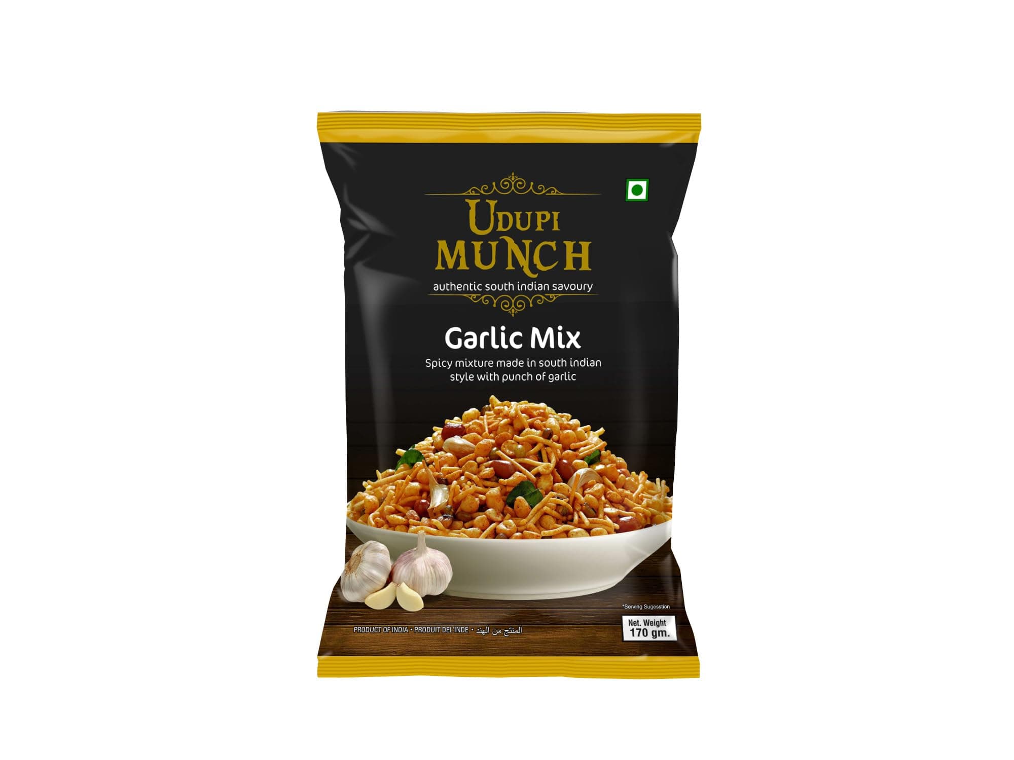 Udupi Munch Garlic Mix 170g | Spicy South Indian Namkeen | Crunchy Traditional Snack Mix | Loaded with Peanuts & Garlic Flavor | Authentic Indian Snack | 100% Vegetarian