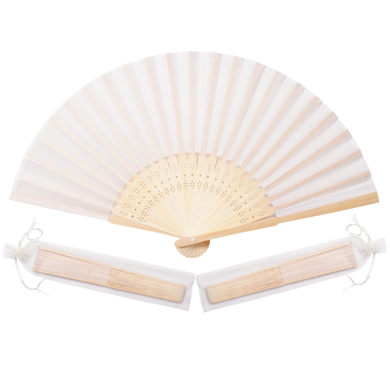 50pcs Cream-Coloured Imitated Silk Fabric Bamboo Folded Hand Fan Bridal Dancing Props Church Wedding Party Favors with Organza Bags