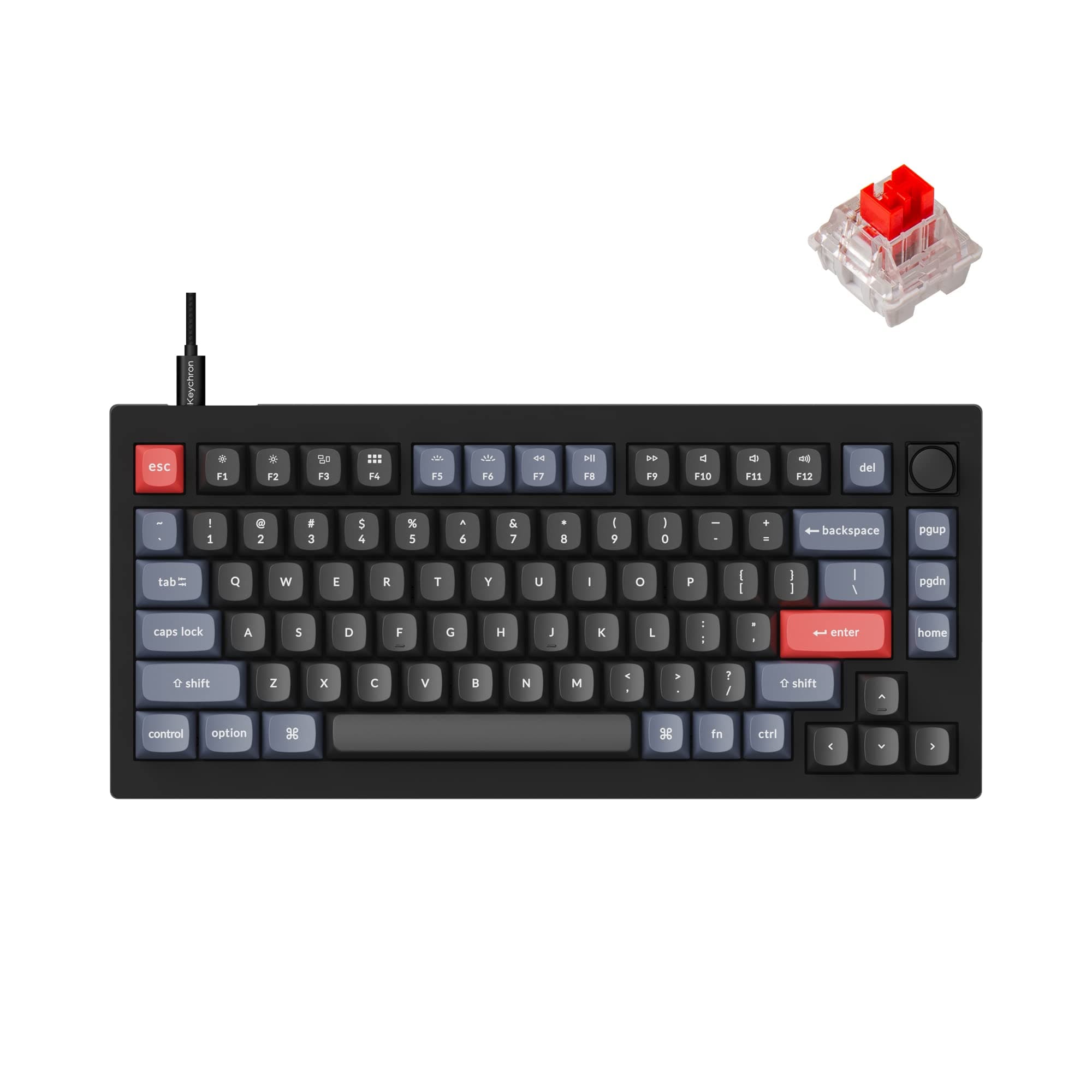 V1 Wired Custom Mechanical Keyboard Knob Version, 75% Layout QMK/VIA Programmable with Hot-swappable Keychron K Pro Red Switch Compatible with Mac Windows Linux Carbon Black (Non-Transparent)