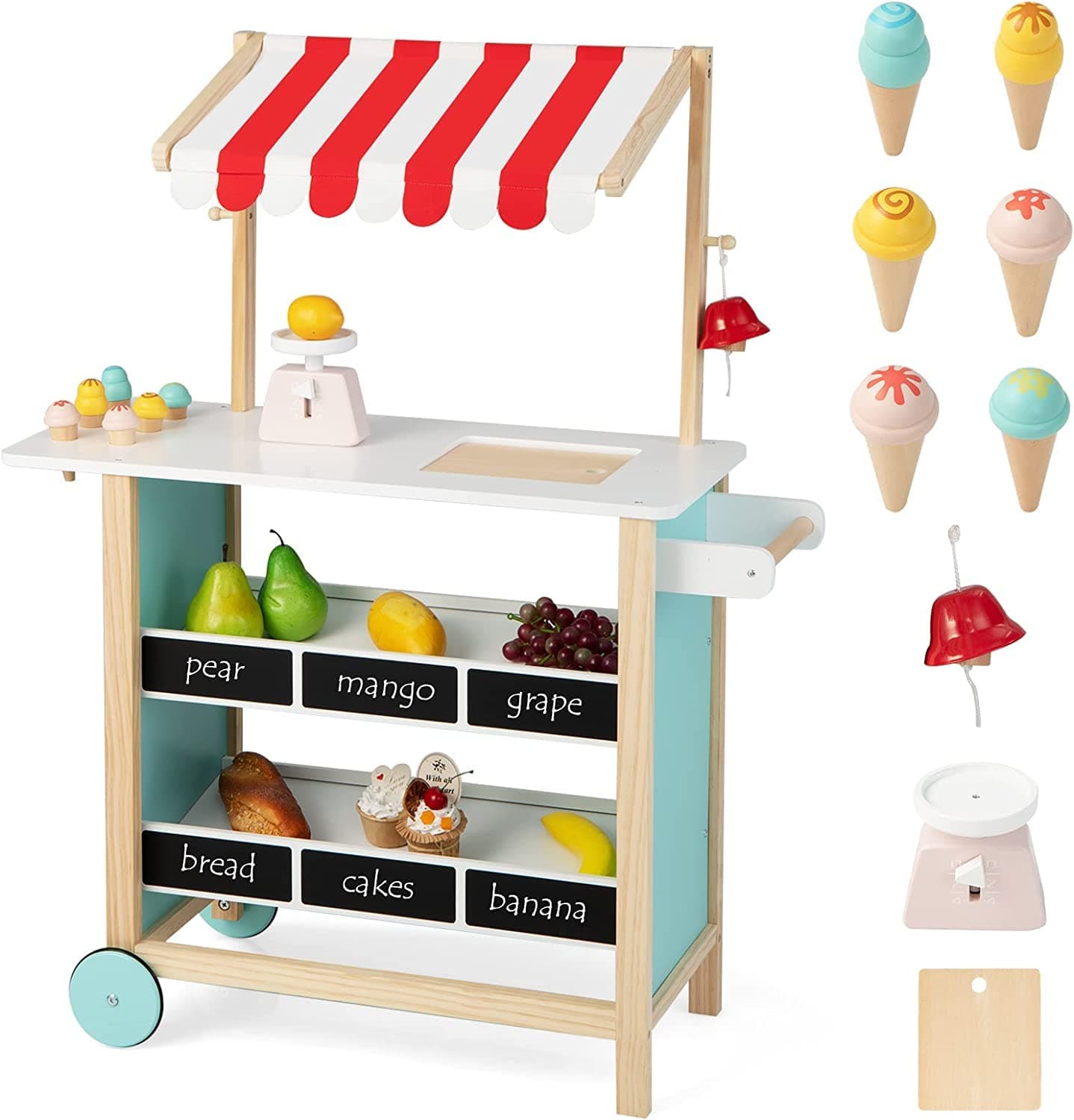 HONEY JOY Kids Ice Cream Cart, Wooden Grocery Store Playset w/6 Pieces Play Food, Realistic Bell & Food Scale, Chalkboard, Pretend Play Dessert Shop Counter Stand Truck, Gift for Boys Girls