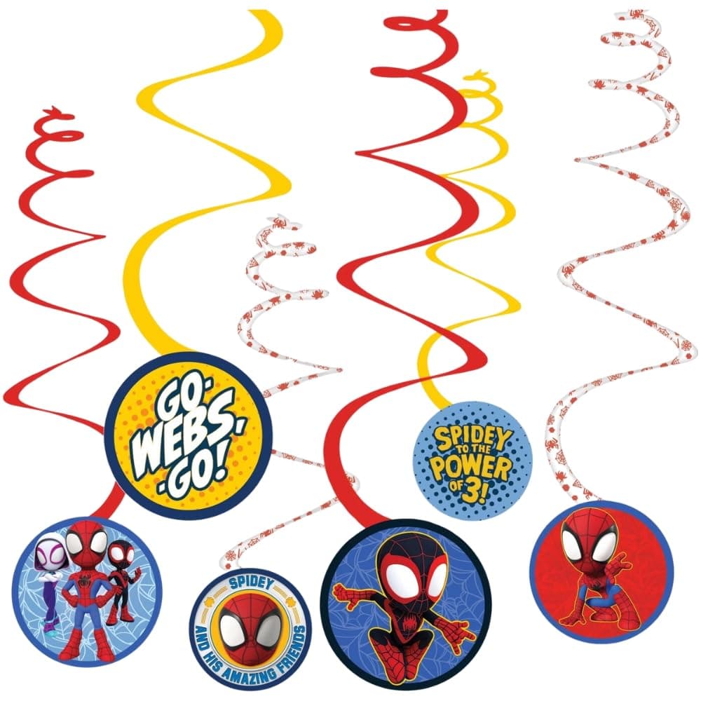 Spiral Decorations - 5" (12 Pcs) - Multicolor Cardstock & Foil Hanging Decors for Kids Birthday & Themed Parties, Spidey & His Amazing Friends