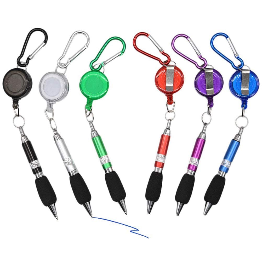 ADFEN 6PC 3-in-1Retractable Badge Reel Pen Belt Clip and Carabiner Ballpoint pen for outdoor sport or Golf