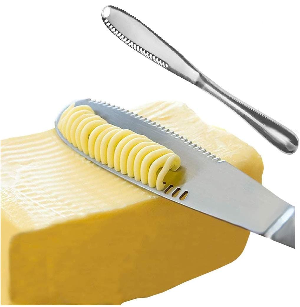 Koksi Butter Knife, 3 in 1 Stainless Steel Spreader Serrated Edge Shredding Slots Easy to Hold for Bread Butter Cheese Jam Slicer
