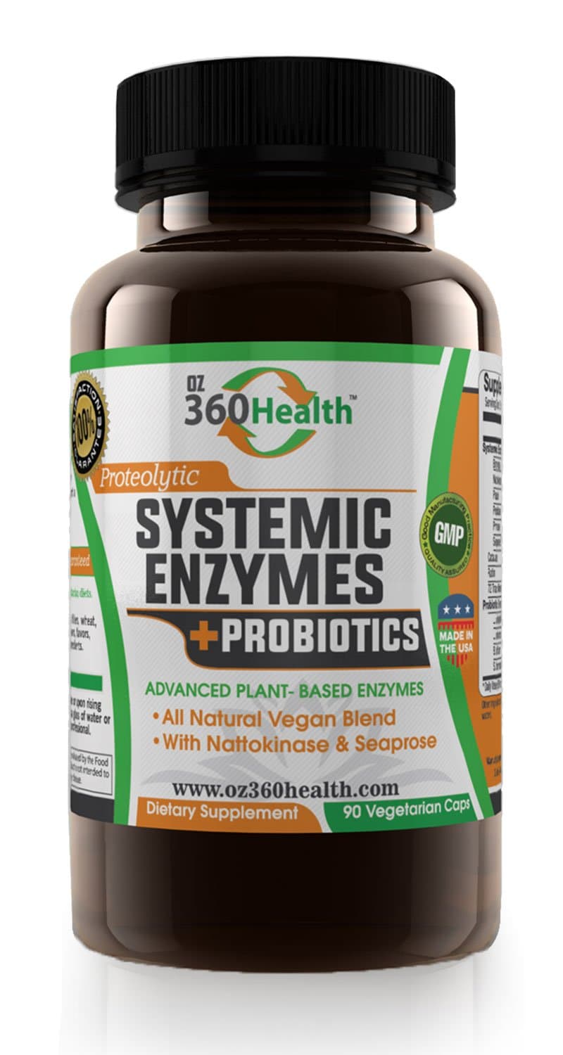 Best Proteolytic Systemic Enzymes with Probiotics by Oz360 Health - 100% All Natural Gluten Free Vegan Enzyme Formula! With Potent Nattokinase and Seaprose S - 90 VCaps