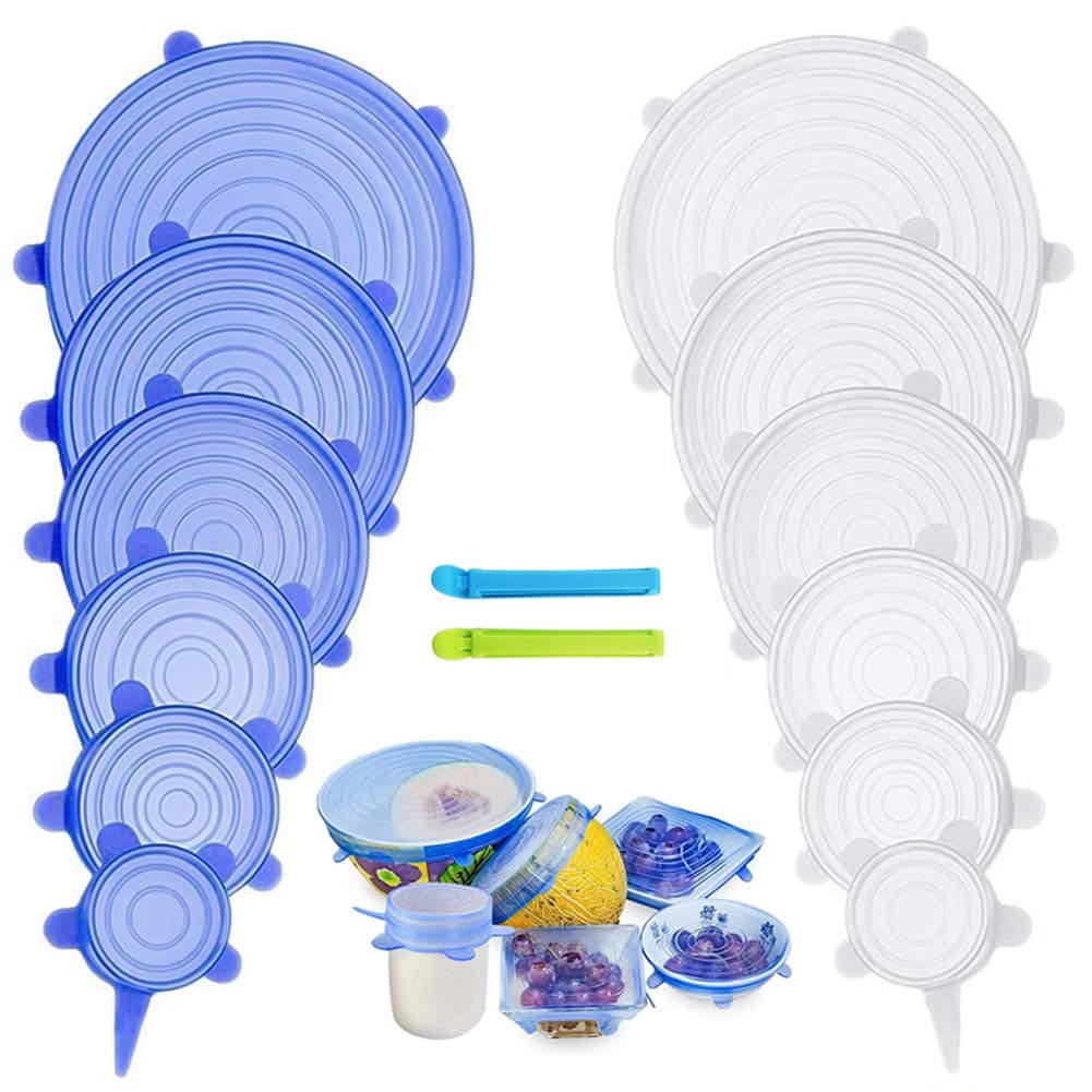 PHYLES 12pcs Stretchy Food Lids, Reusable Silicone Stretch Lids for Food/Bowls/Containers/Jars, Alternative to Cling Film, Non-Toxic, Microwave & Dishwasher Safe, with 2pcs Food Clips