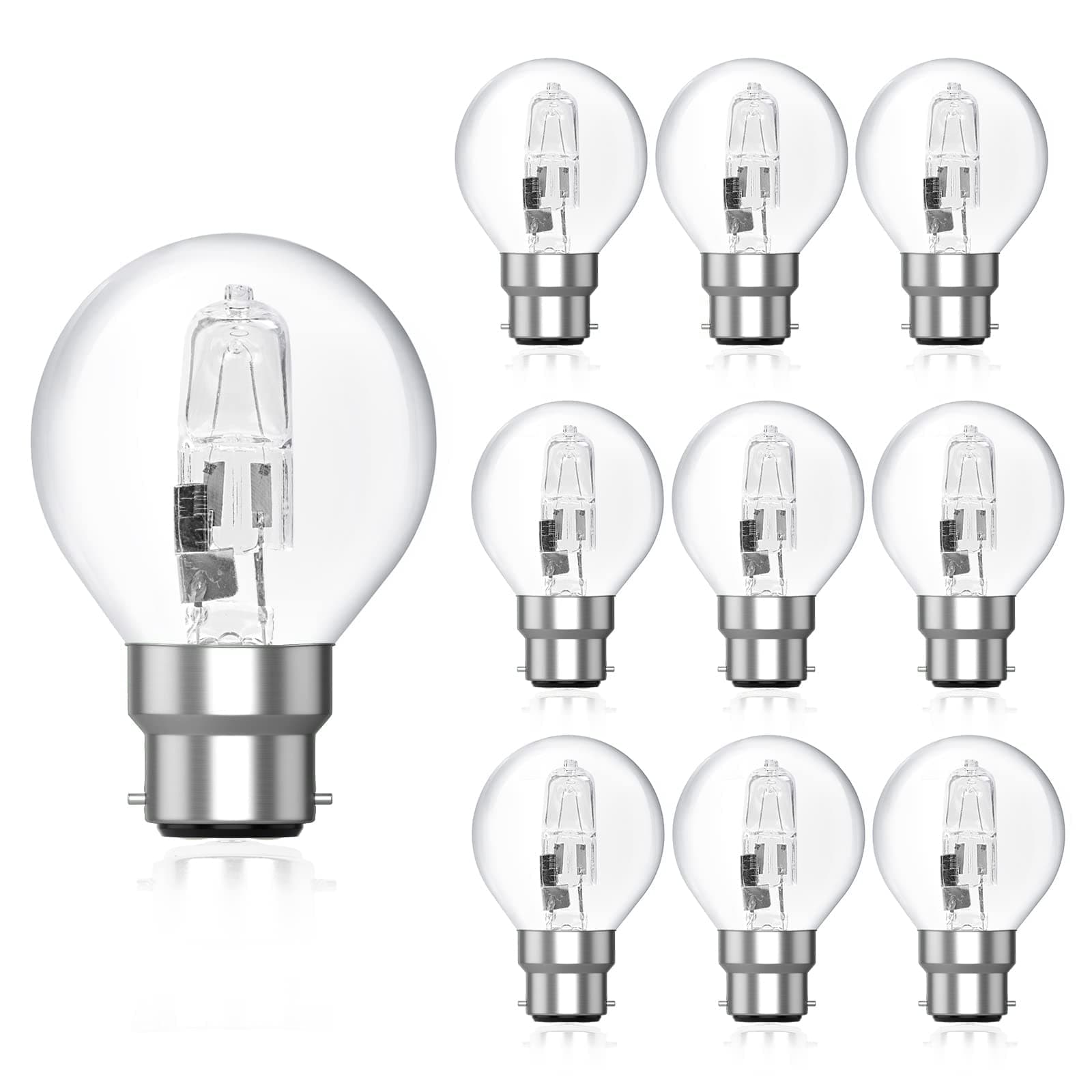 DoRight 42W BC B22 Halogen Golf Ball Bulbs, Dimmable G45 Mini Globe Bayonet Cap Light Bulb B22 B22d Classic Clear Round Bulb, Warm White 2700K, 613lm Mains 240V for Ceiling Fans Chandelier (10-Pack)