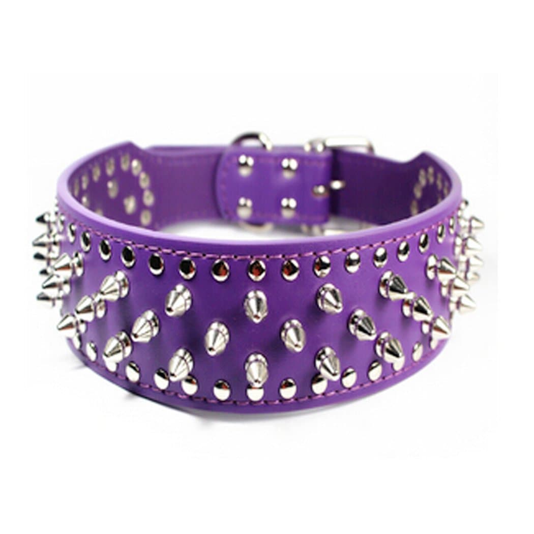 i-BOSOM 14.5"-17.5" Spikes Nailed Two Wide Leather Dog Collar in Pitbull Mastiff, 25 Spikes Nailed 44 Studs (Purple)