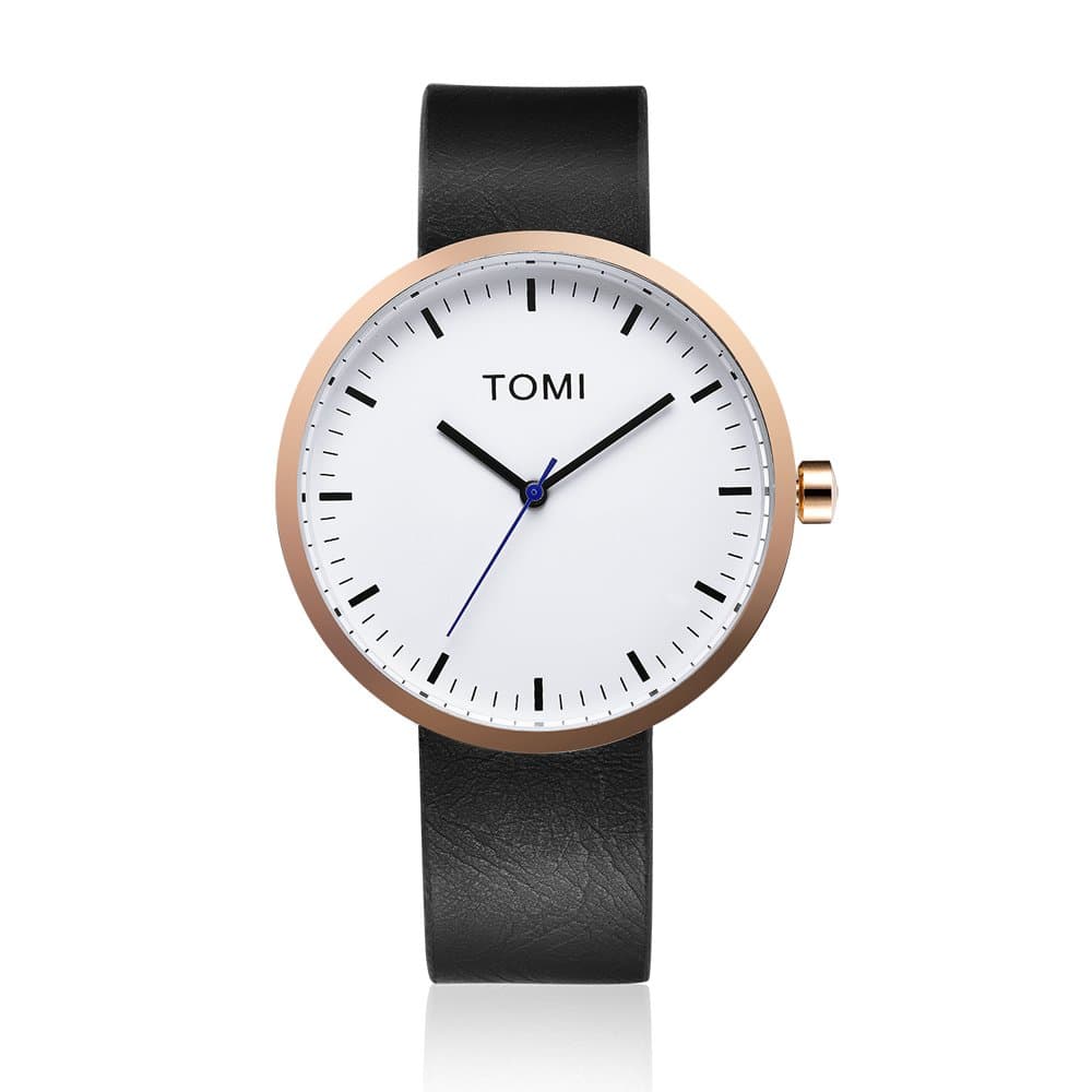 Tomi 003 Quartz Analog Stainless Steel IP Rose Gold White Leather Black Unisex Design Watch