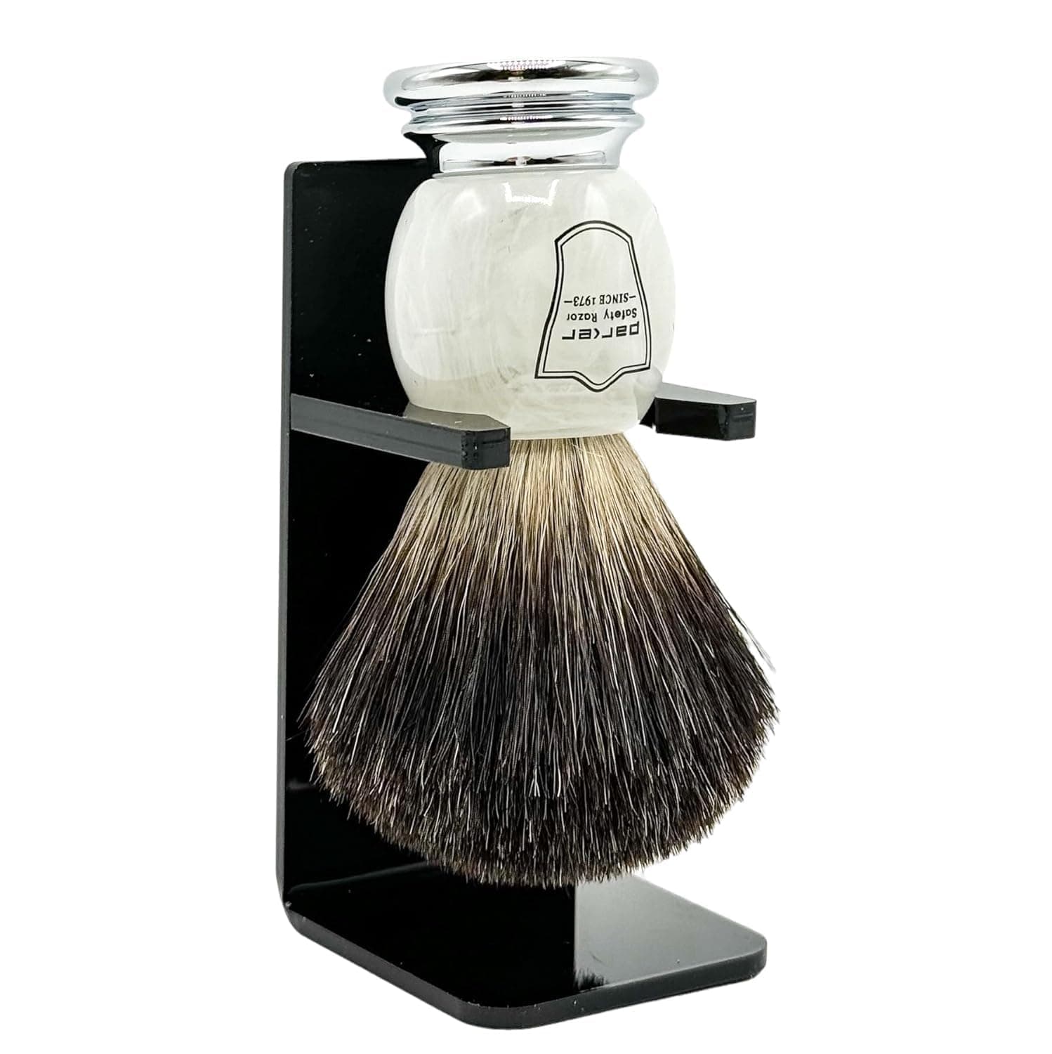 Parker Safety Razor 100% Black Badger Bristle Shaving Brush With Marbled Handle - Brush Stand Included