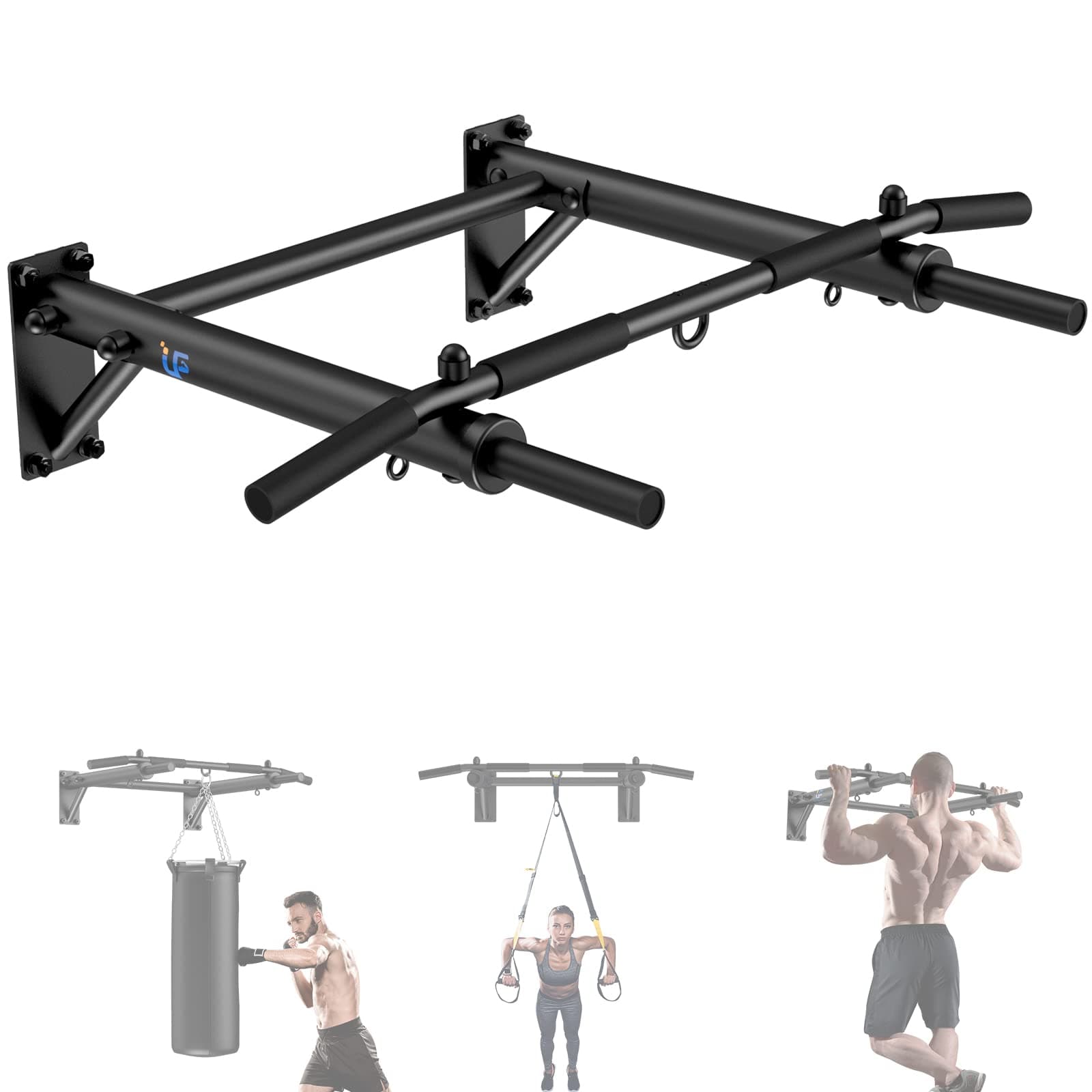 ULTRA FUEGOWall Mounted Pull Up Bar，Thicken Steel Max Load 300 lbs，Punch Bag and TRX Training Hook for Home Gym Upper Body Workout Chin up Bar
