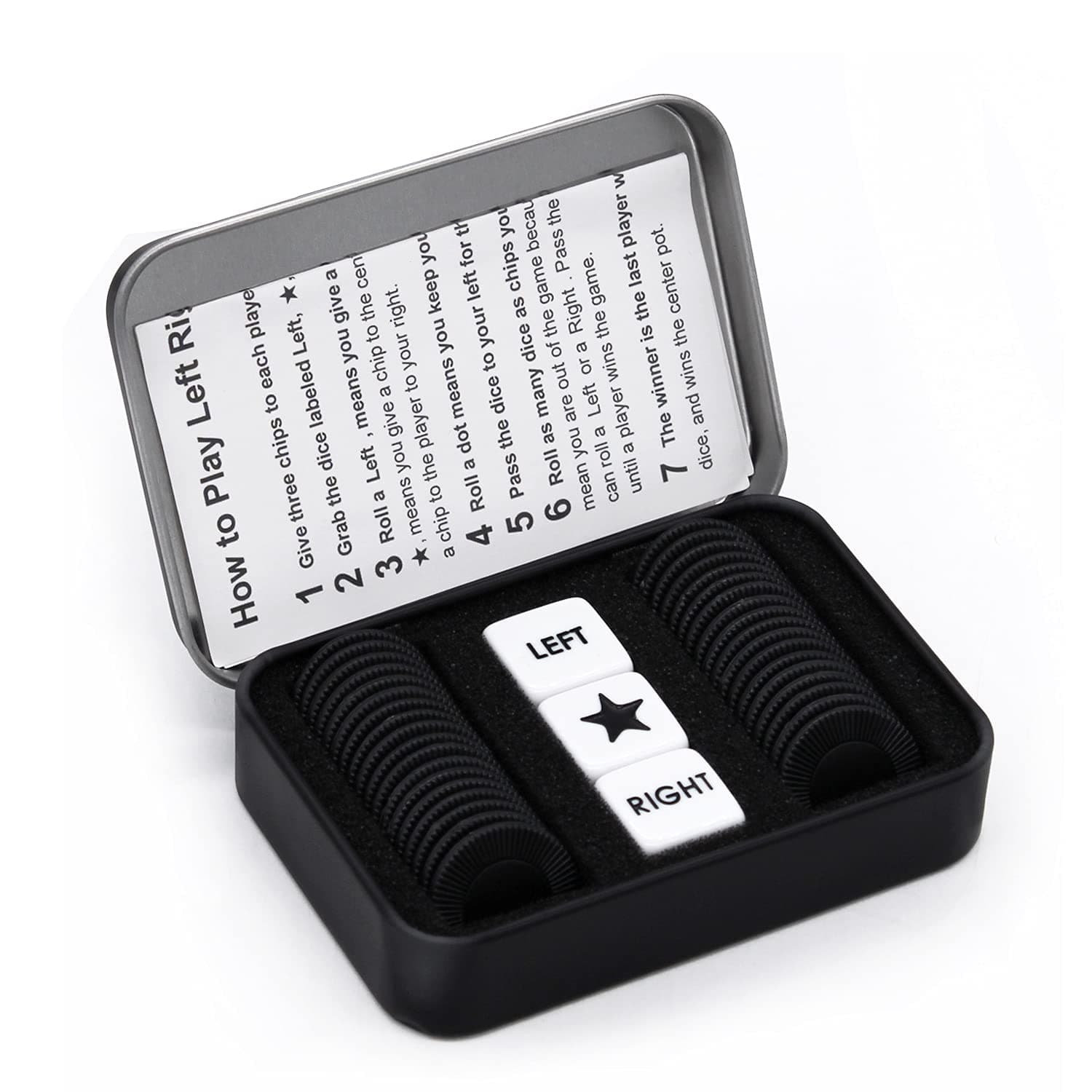Left Right Center Dice Game Set with 3 Dices + 36 Black Chips (Black)