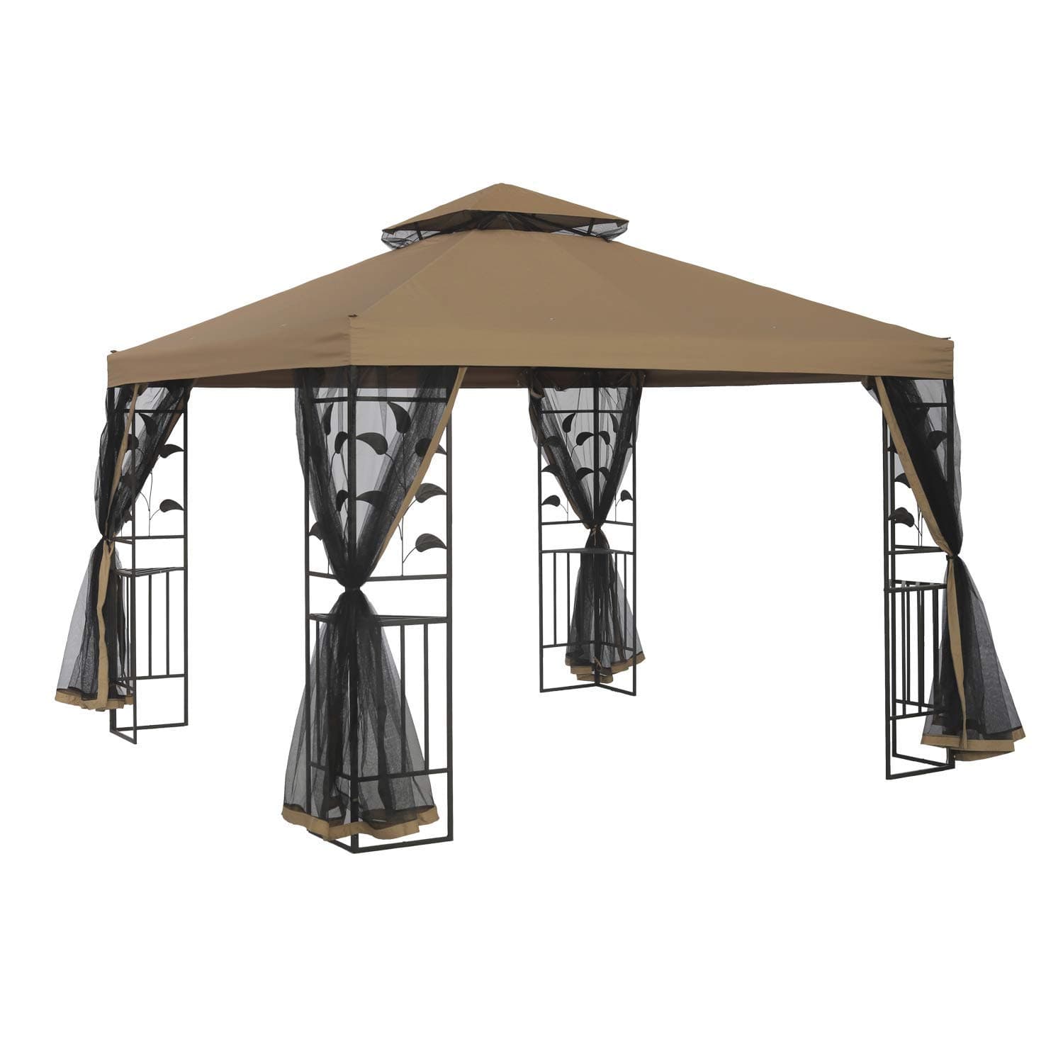 TJ Patio 10x10 Ft Outdoor Gazebo Steel Frame Two-Tiered Top Canopy, Leaf Screen Decor Gazebo with Adjustable Netting for Garden Backyard, Beige