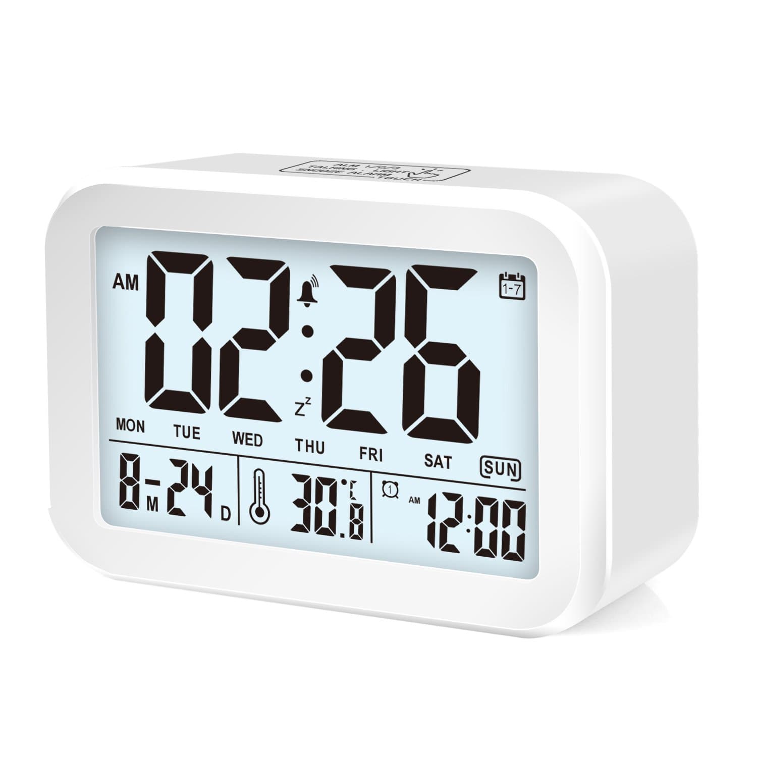 Ofuca Digital Alarm Clock, Battery Operated Clock,Multifunctional Clocks with 3 Alarms &7 Sounds, Perfect for Kids and Adults with Smart Lights Display Month, Date, Temperature, Travel Clock. (White)