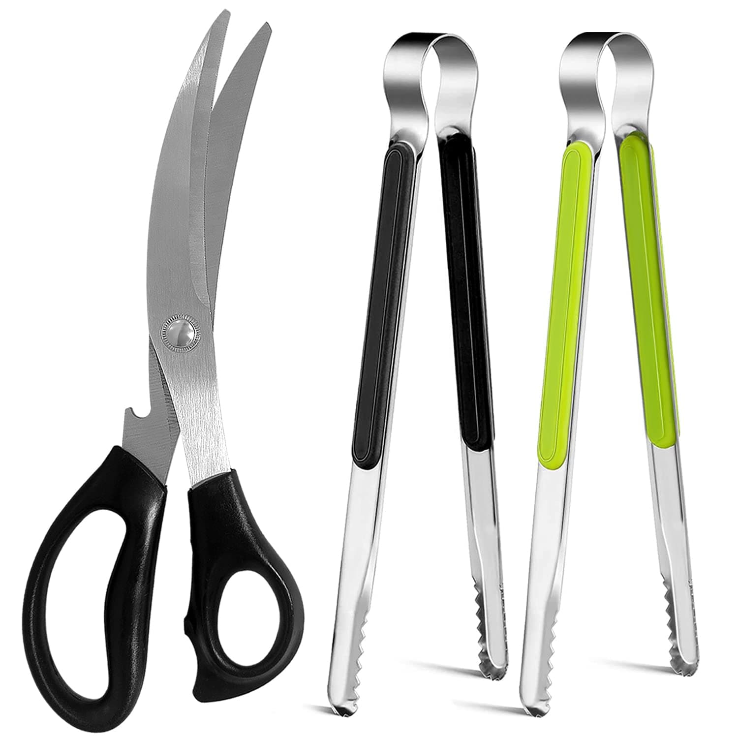 Kitchen Scissors. Korean Barbecue Scissors and Tongs Set, Kitchen Shears and Tongs for Cutting Meat, Chicken, Vegetables, Stainless Steel Multipurpose Non-slip Serrated Sharp BBQ Scissors BBQ Tongs