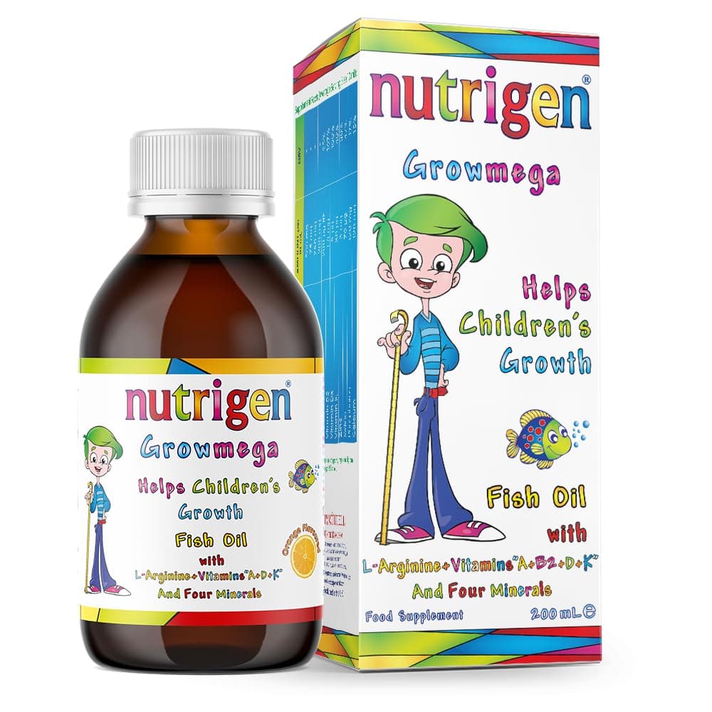 Nutrigen Growmega Liquid with Icelandic Fish Oil, Omega‑3 (EPA & DHA) + Vitamins A, B2, D, K, Calcium, Zinc, Phosphorus, Iodine & L‑Arginine, Orange Flavoured, Helps Children’s Growth, 200 mL
