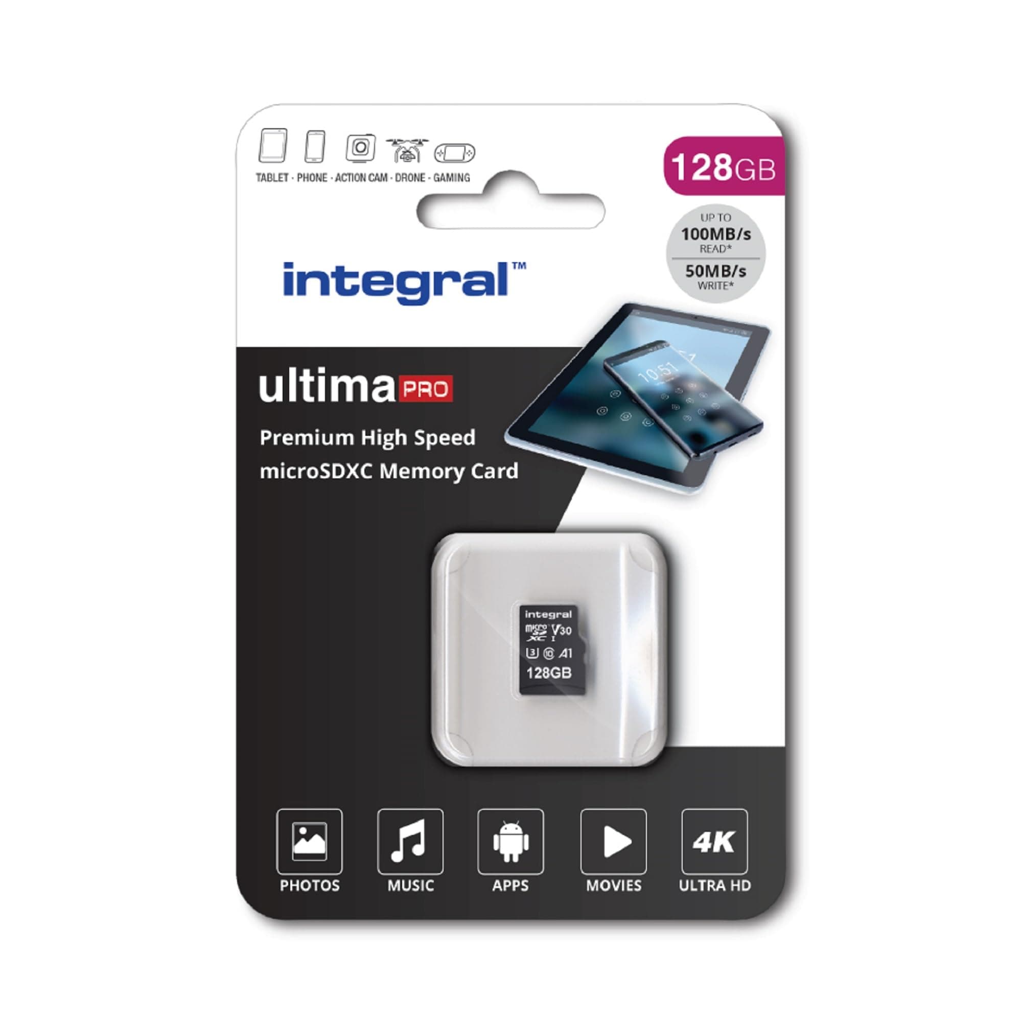 Integral128GB Micro SD Card 4K Video Premium High Speed Memory Card SDXC Up to 100MB s Read Speed and 50MB s Write speed V30 C10 U3 UHS-I A1