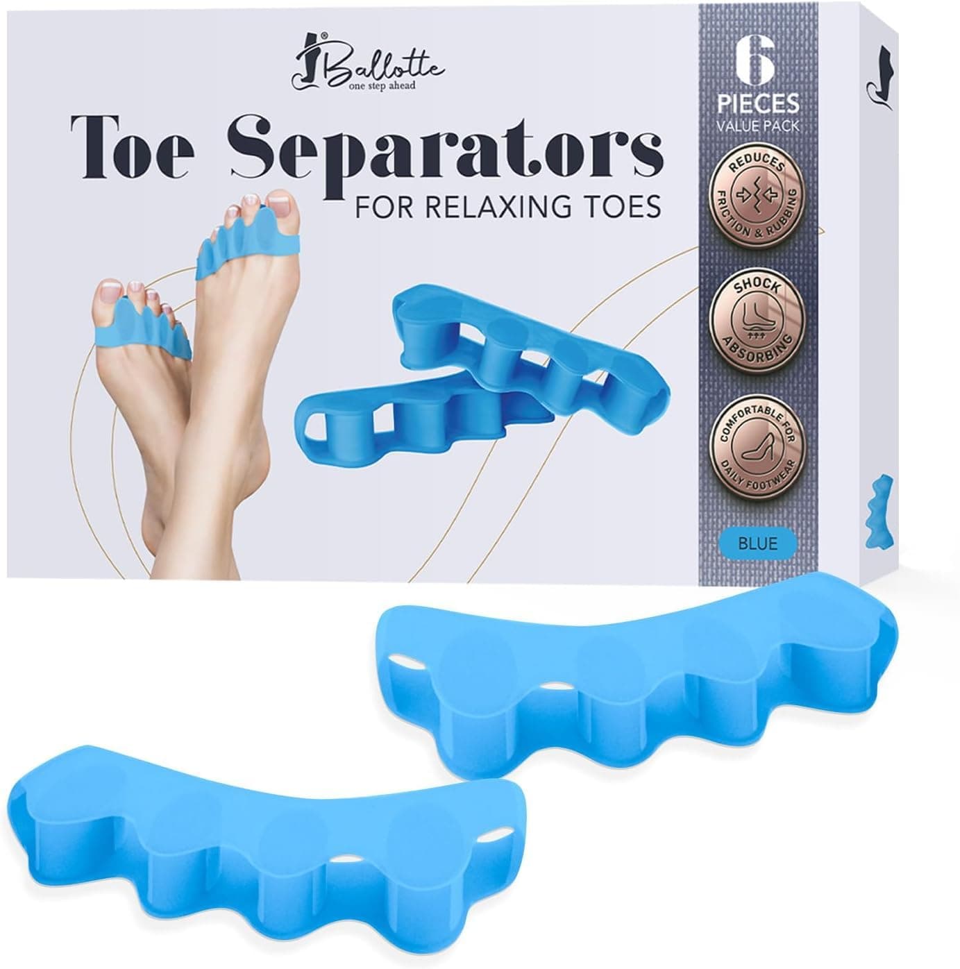 Ballotte Toe Separators, Silicone Toe Spacers for Bunions and Overlapping Hammer Toes, Athletic Tootsie Spacers for Running and Yoga, Foot Finger Splitters for Men & Women (Toe Seperators (Blue 6-Pack))