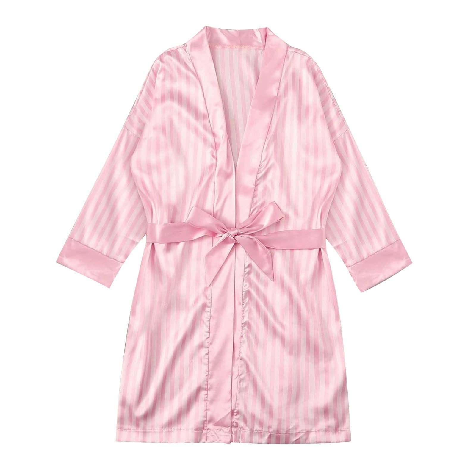 Fhuuly Women's Stripe Midd-Long Satin Sleepwear Robe Super Soft Bathrobe Spring and Summer Thin Loungewear Dressing Gown (Light Pink,M)