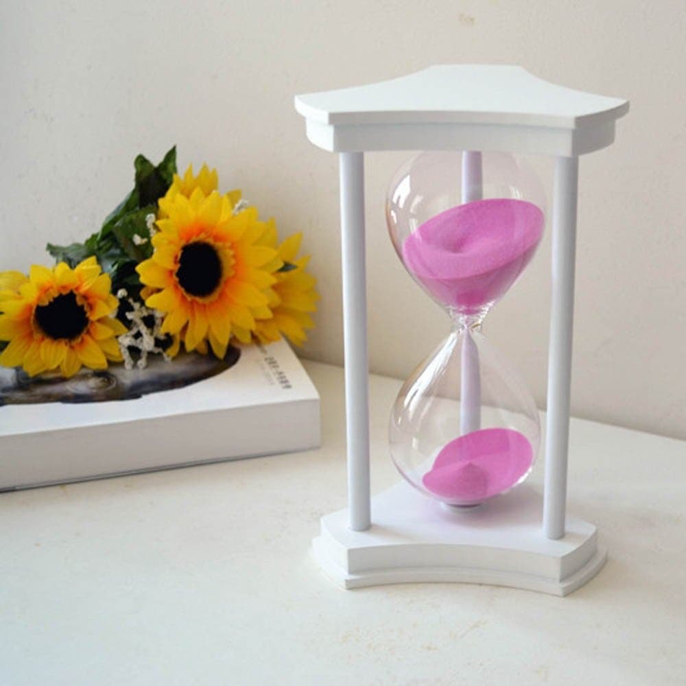 Superclub Elegant Hand-Blown Triangle Prism 60 minutes 1 Hour Sand Timer Hourglass in White Wood-finished Stand for Xmas Birthdays Gift (Rosy)