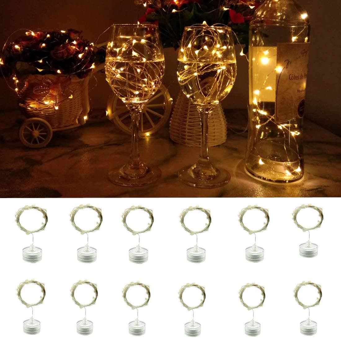 12 Pack Waterproof LED String Lights, Indoor/Ourdoor Micro LED Lights, 2m/6.5ft 20 LEDs,Warm White Color, Battery Operated, Holiday DIY Decor Fairy Lights for Christmas,Halloween,New Year.