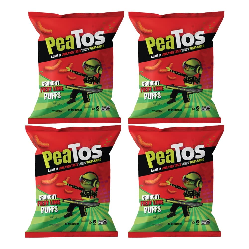 PeaTos® Fiery Lime Puffs in 3 oz. Bags (4 pack) full of “JUNK FOOD” flavor and fun WITHOUT THE JUNK. PeaTos® the Craveworthy upgrade to America's favorite snacks are Pea-Based, Plant-Based, Vegan, Gluten-Free, and Non-GMO.