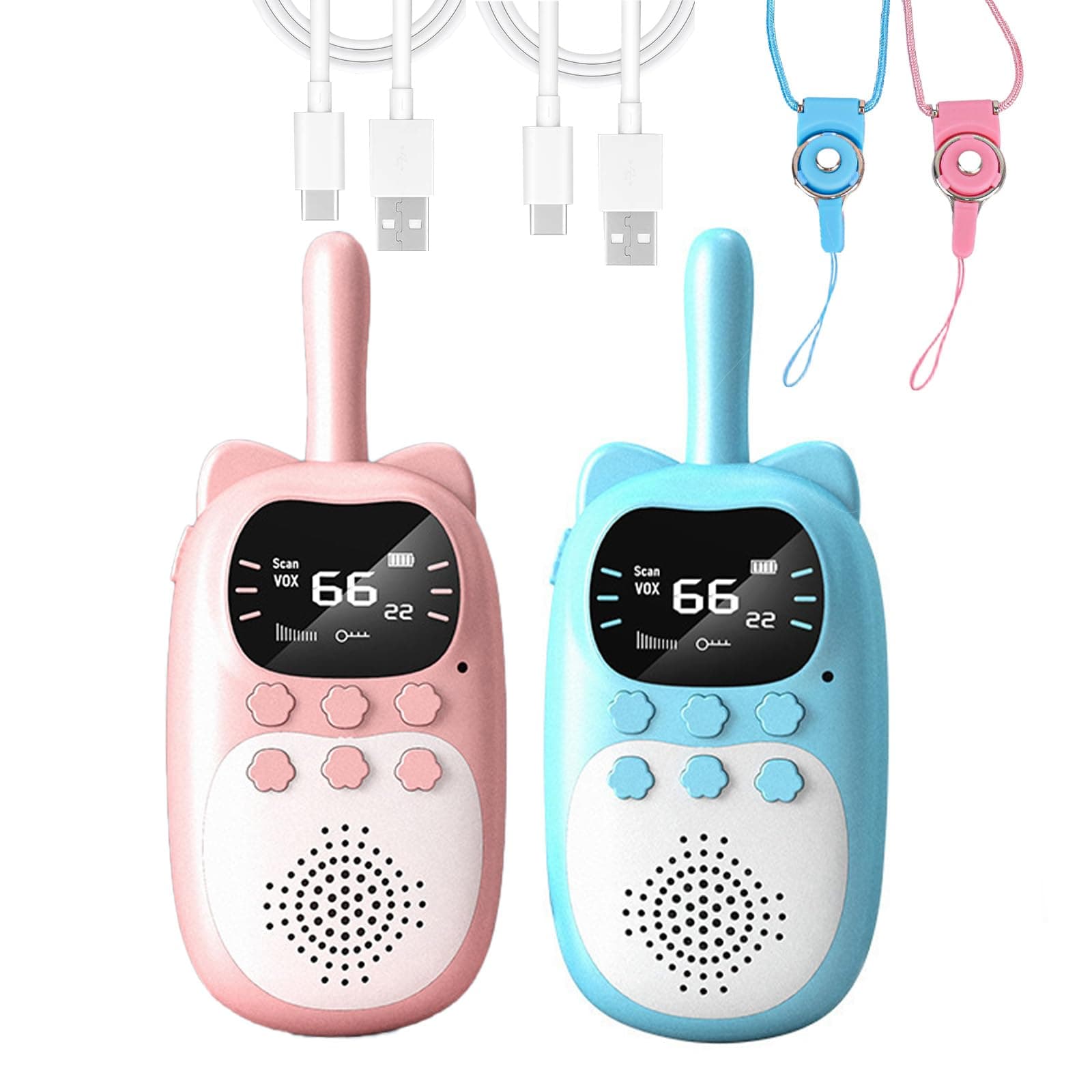 MOSHOU Rechargeable Walkie Talkies for Kids Long Range with Flashlight, Handheld Walki Talkies with Wearable Lanyard & Back Clip for Outdoor Camping Games,Toys Gifts for Boys Girls Kids (Blue+Pink)