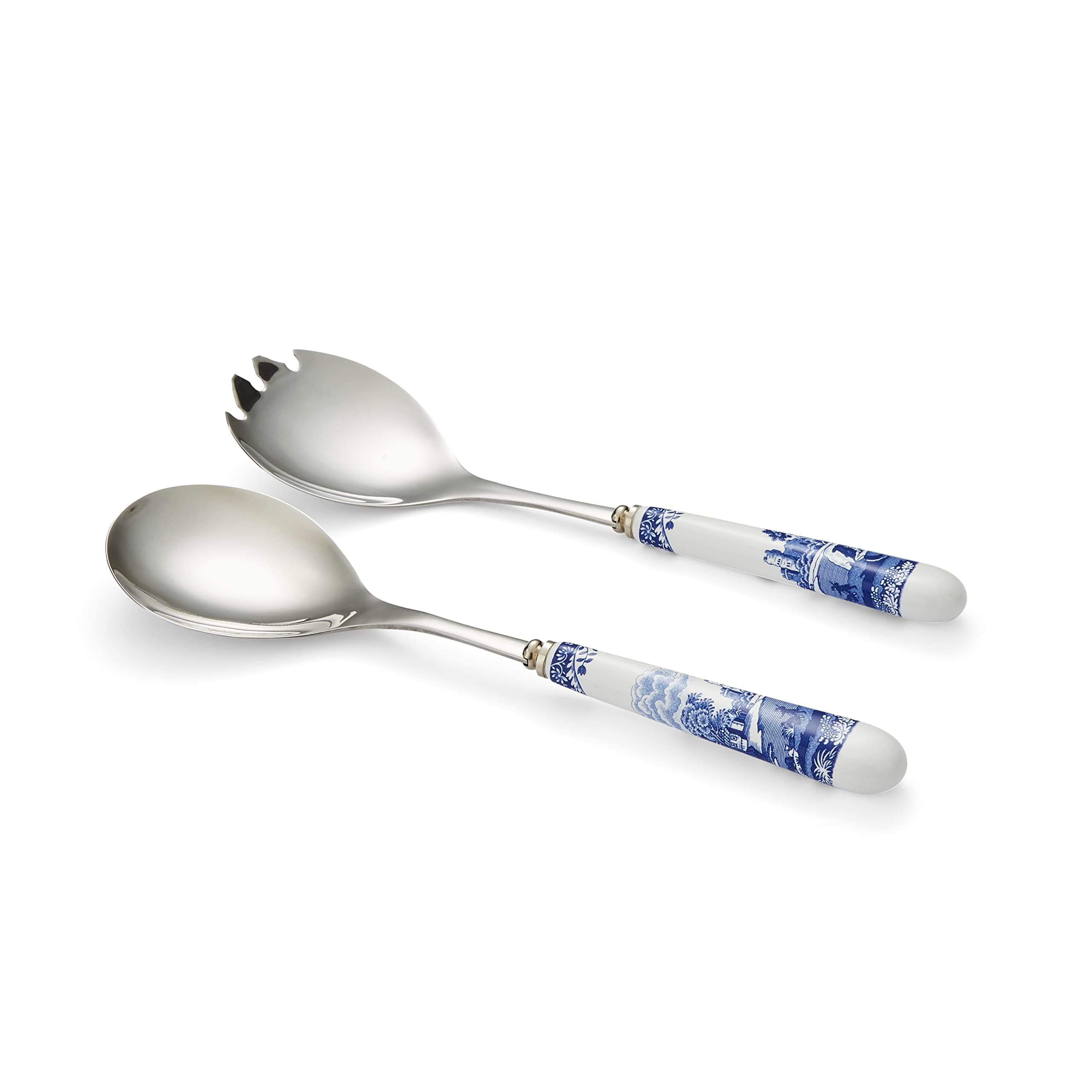 Spode Blue Italian Collection Salad Servers | 2 Piece Spoon and Fork Set | 10 Inch | Blue and White | Made of Porcelain and Stainless Steel | Italian Countryside Design