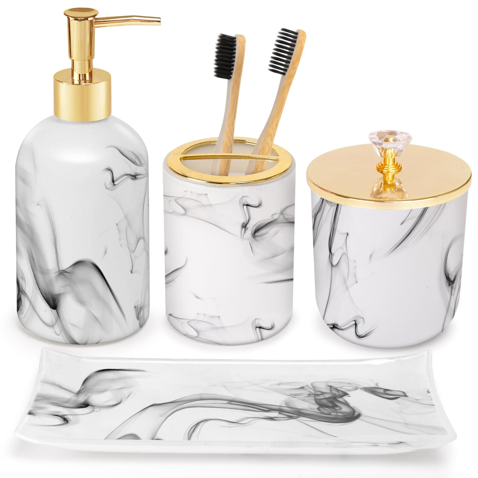 Haturi Bathroom Accessories Set, 4 Pcs Marble Look Sets Soap Dispenser & Toothbrush Holder Counter Top Restroom Apartment Decor Stuff, Glass Kits, Gift for Women and Men, Ink White