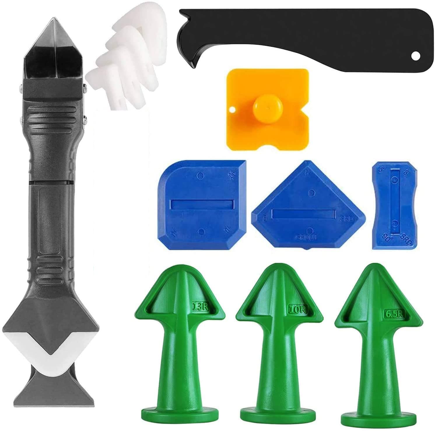 Showay Caulking Tool Kit, Seam Glass Glue Spike 13 Pieces Set Corner Scraper Nozzle Applicator Finishing for Kitchen, Bathroom, Window Sink Joints