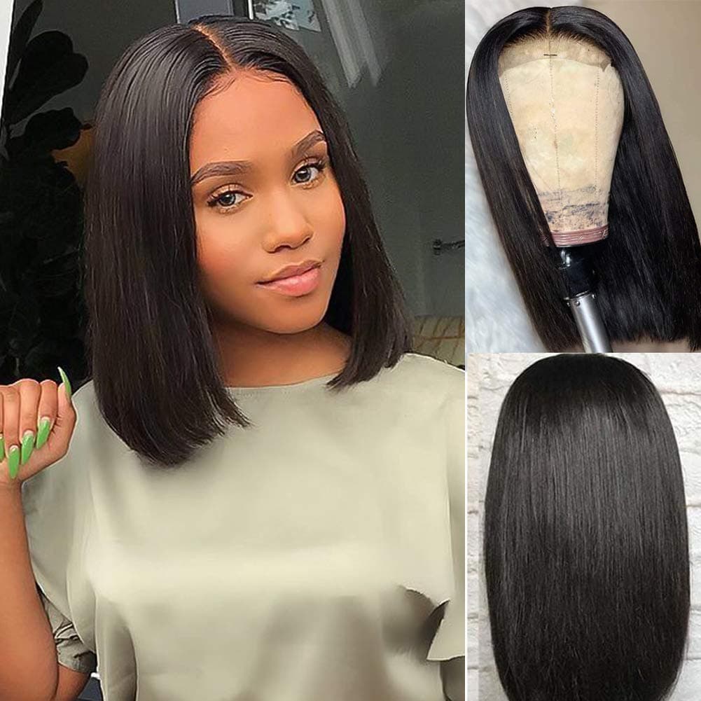Amella Hair Short Straight Bob Wigs Brazilian Virgin Human Hair Lace Closure Wigs Human Hair Wig (8inch) 4x4 Lace Part 130% Density Pre Plucked with Baby Hair